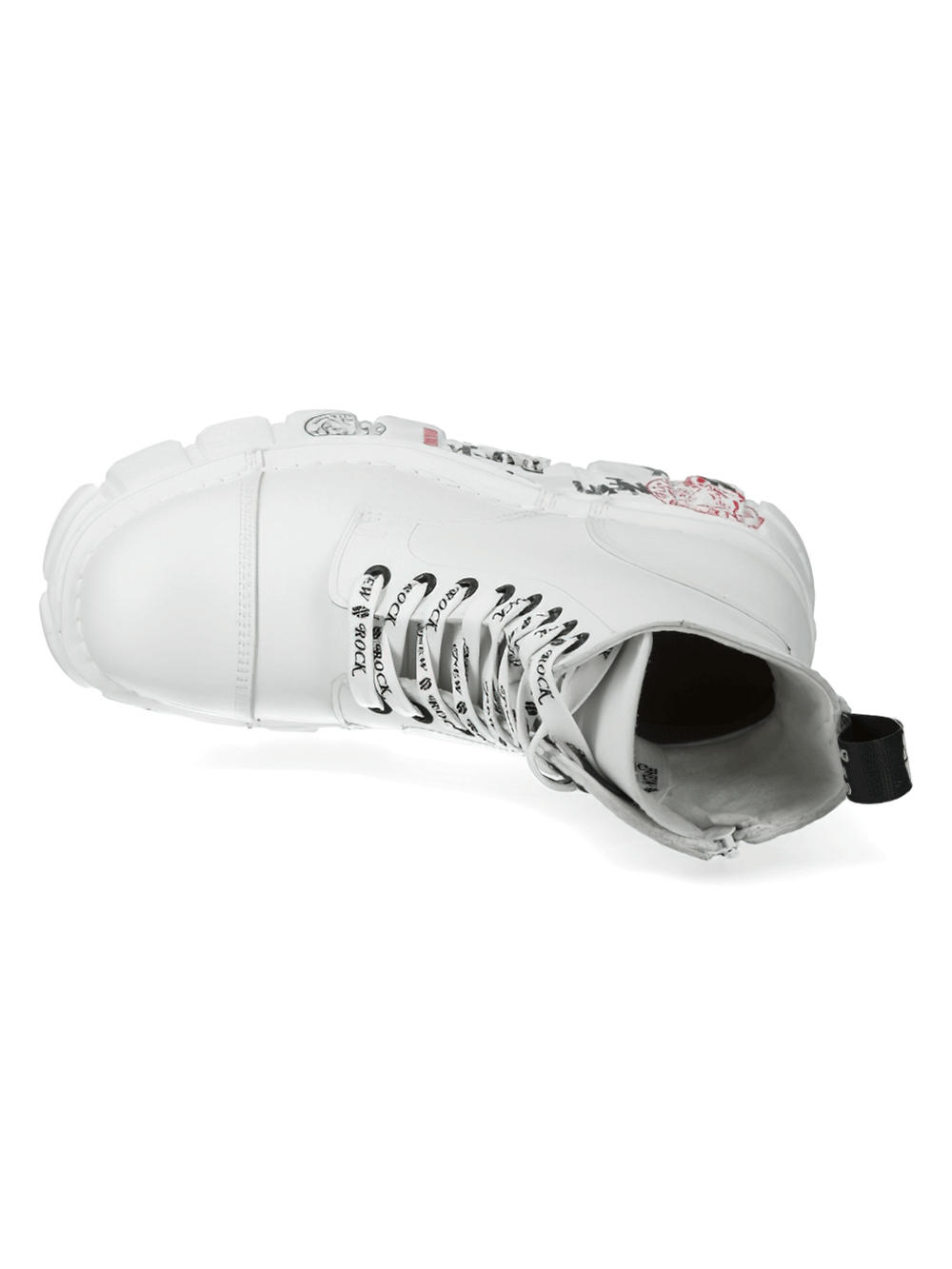 NEW ROCK Men's edgy white platform boots with punk badges and zipper closure, showcasing bold style from above.