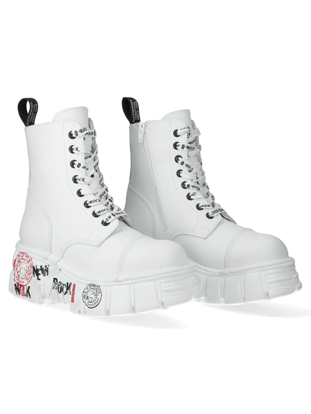 NEW ROCK Men's bold white platform ankle boots with punk badges, featuring lace and zipper closures.