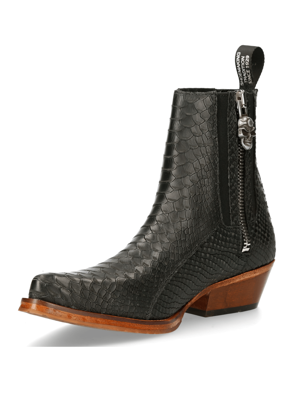 NEW ROCK black elastic panel cowboy ankle boots with textured leather and stylish zipper detail.