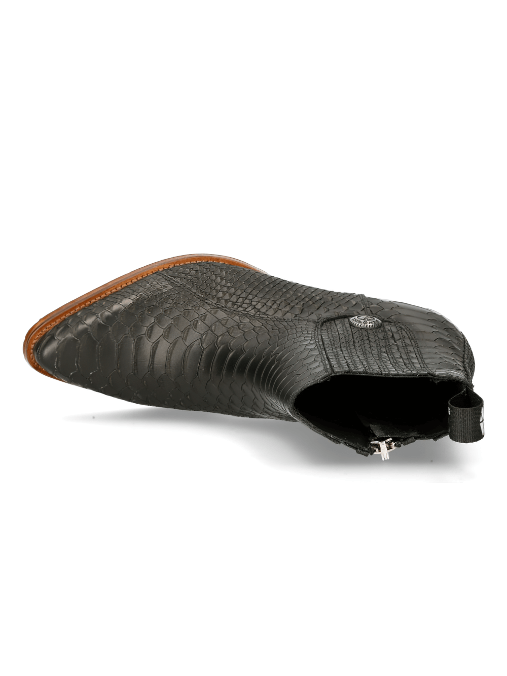 NEW ROCK Black Elastic Panel Cowboy Ankle Boot, featuring stylish reptile texture and Goodyear welt construction.