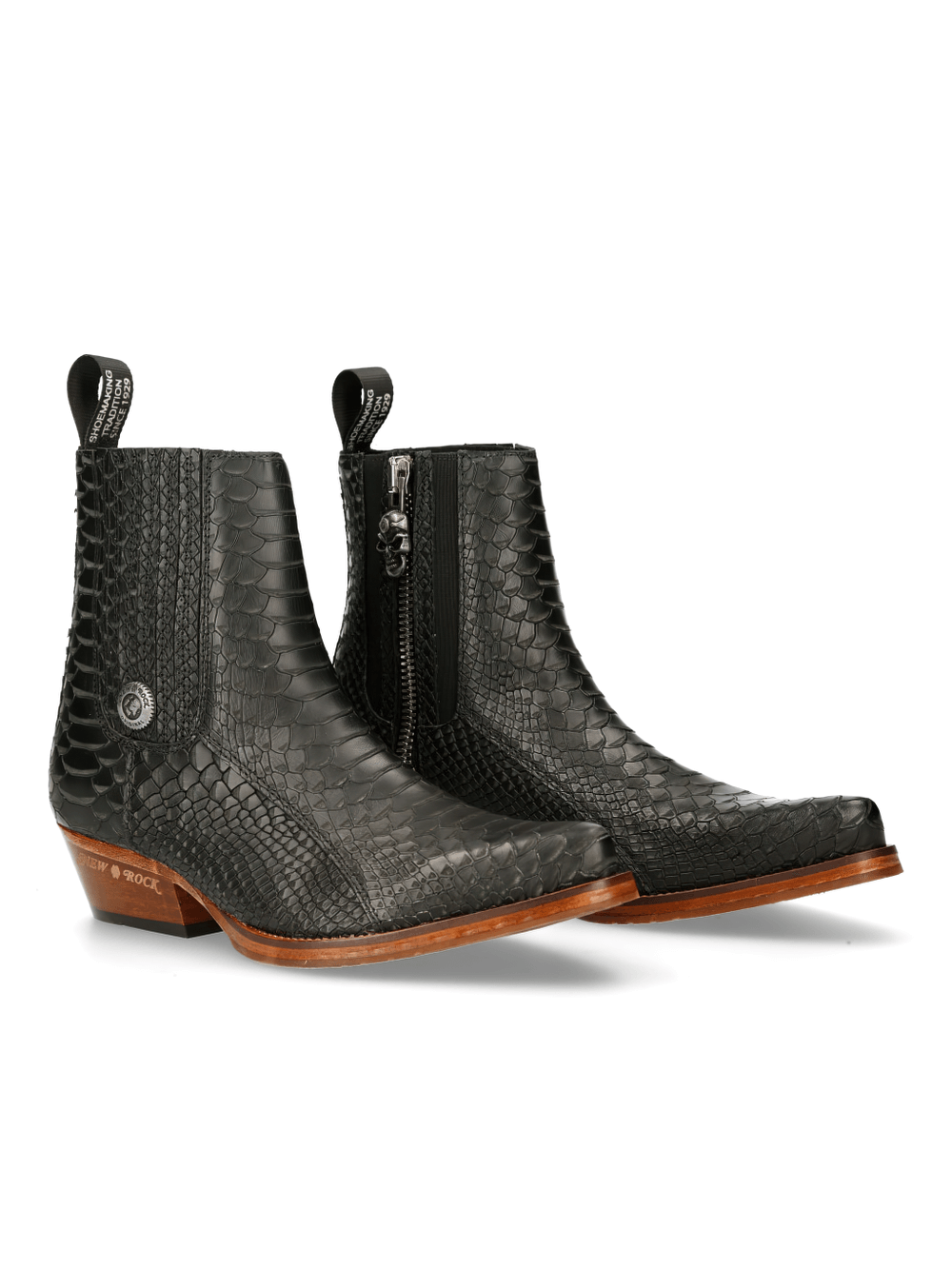 NEW ROCK black elastic panel cowboy ankle boots featuring stylish reptile texture and durable leather craftsmanship.