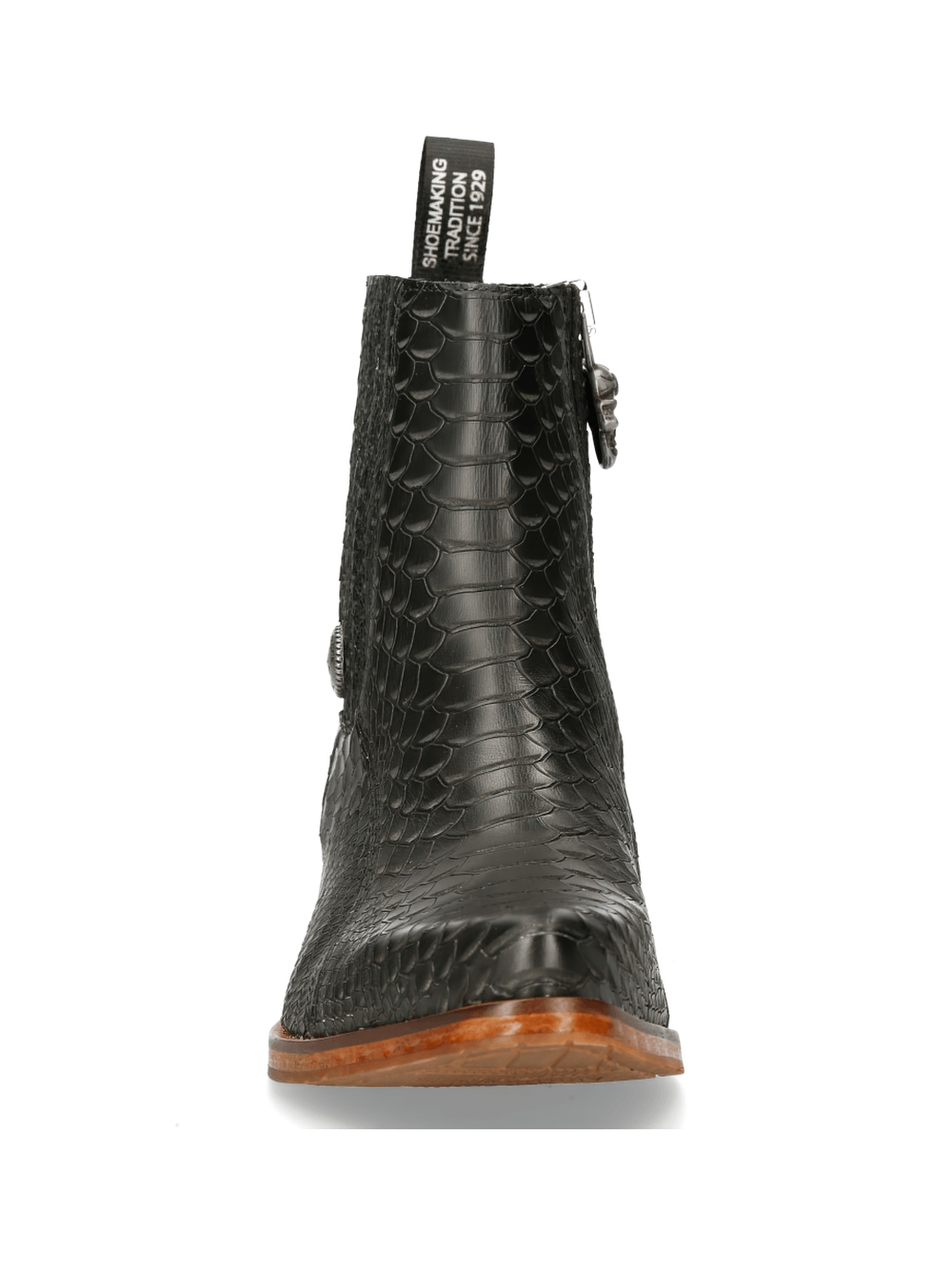 Stylish NEW ROCK black elastic panel cowboy ankle boots with a unique reptile texture.