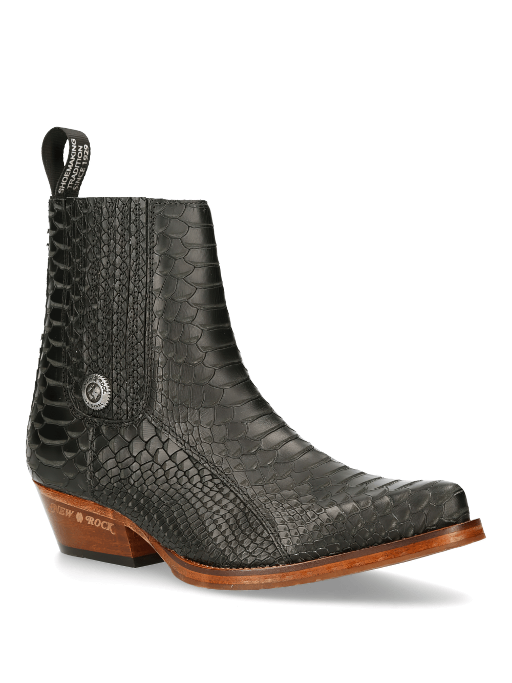 NEW ROCK Black Elastic Panel Cowboy Ankle Boots with textured leather and Goodyear welt construction.