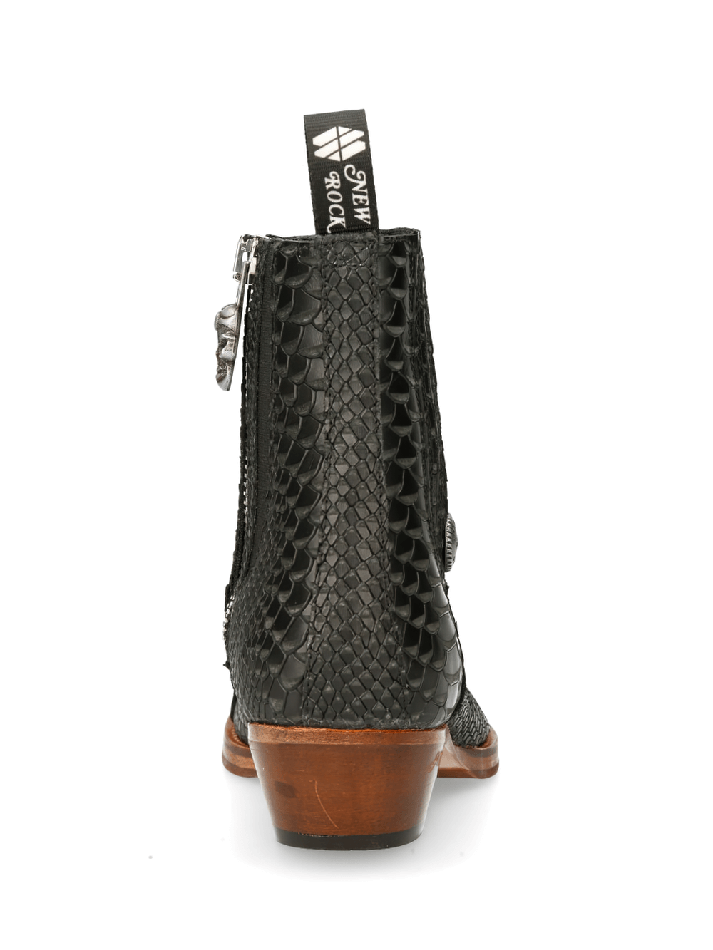 Back view of NEW ROCK Elastic Panel Cowboy Ankle Boots in Black with stylish snake print texture.