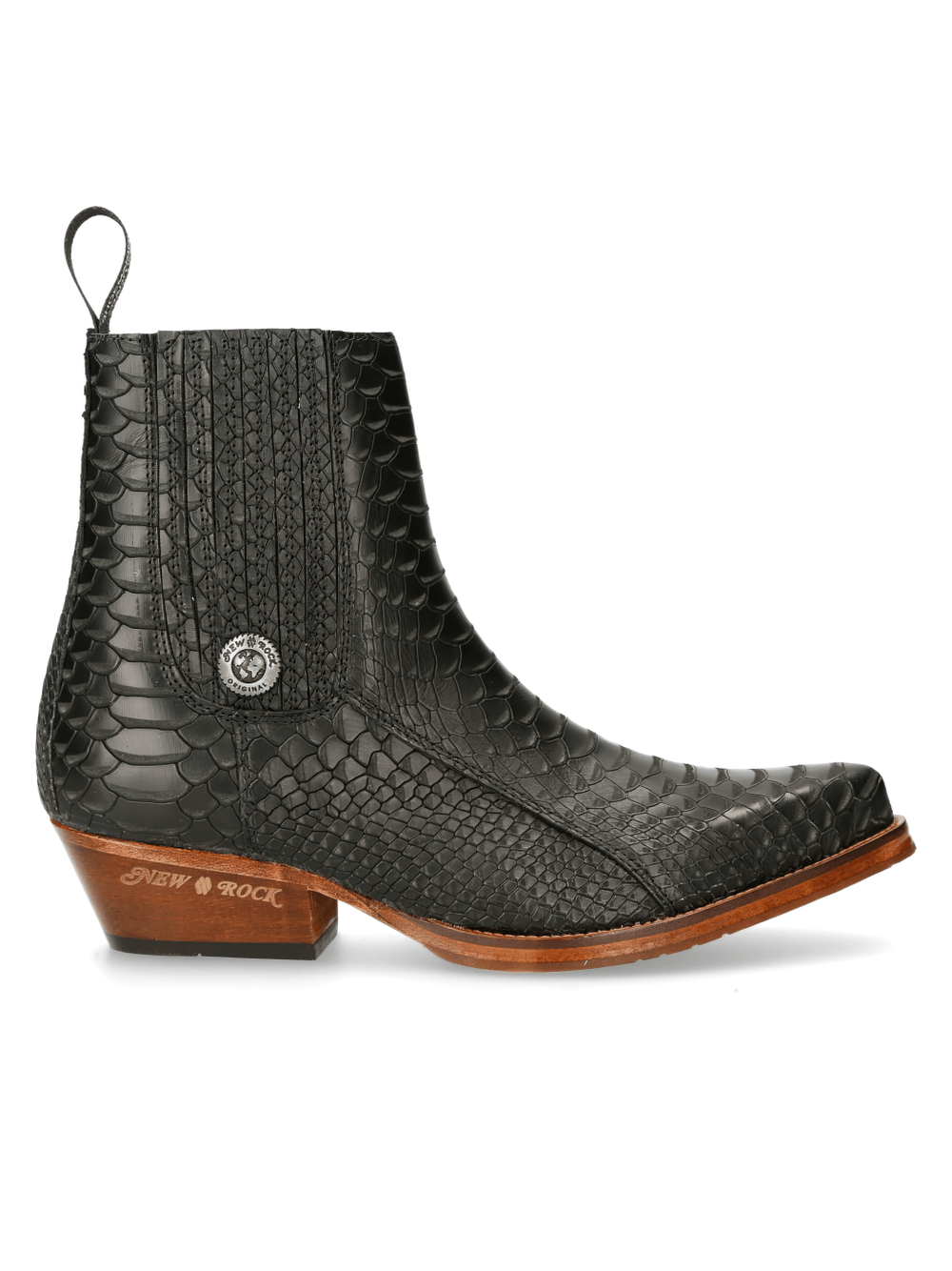NEW ROCK Black Elastic Panel Cowboy Ankle Boot showcasing a stylish snake skin pattern and elegant western design.