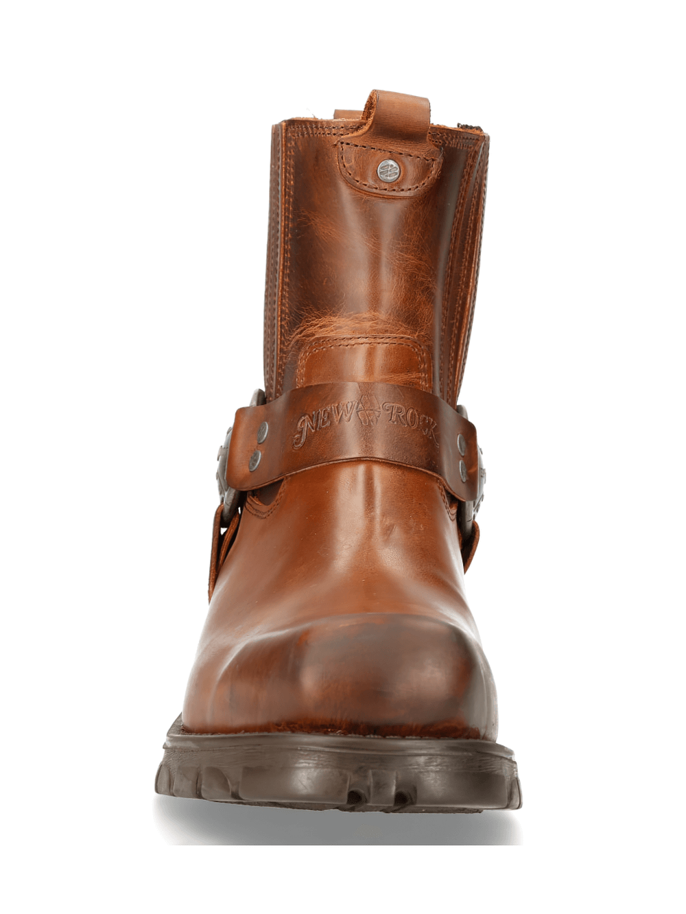 Front view of NEW ROCK Brown Leather Ankle Boots with buckles, perfect for urban bikers and stylish adventures.