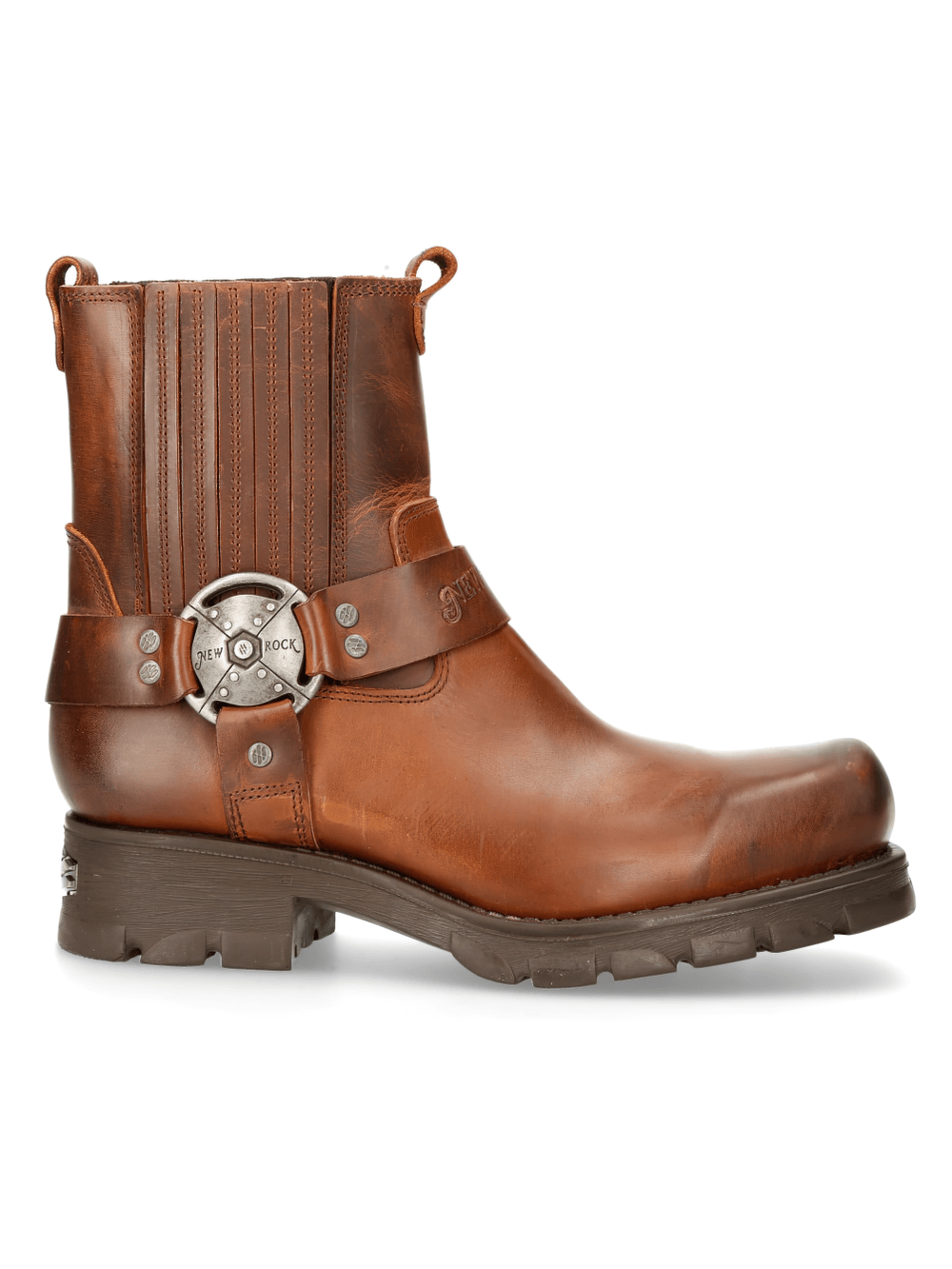 Stylish NEW ROCK brown leather ankle boots with elastic panels and buckle for a rugged biker look.