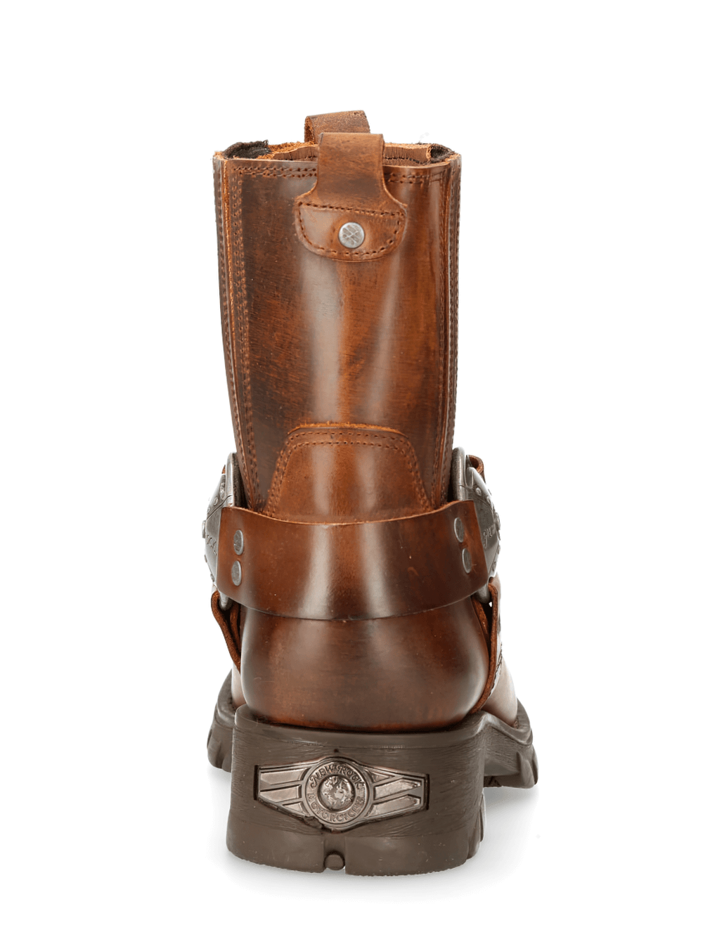 Back view of NEW ROCK Rugged Brown Leather Ankle Boots with buckles, showcasing stylish urban biker design.