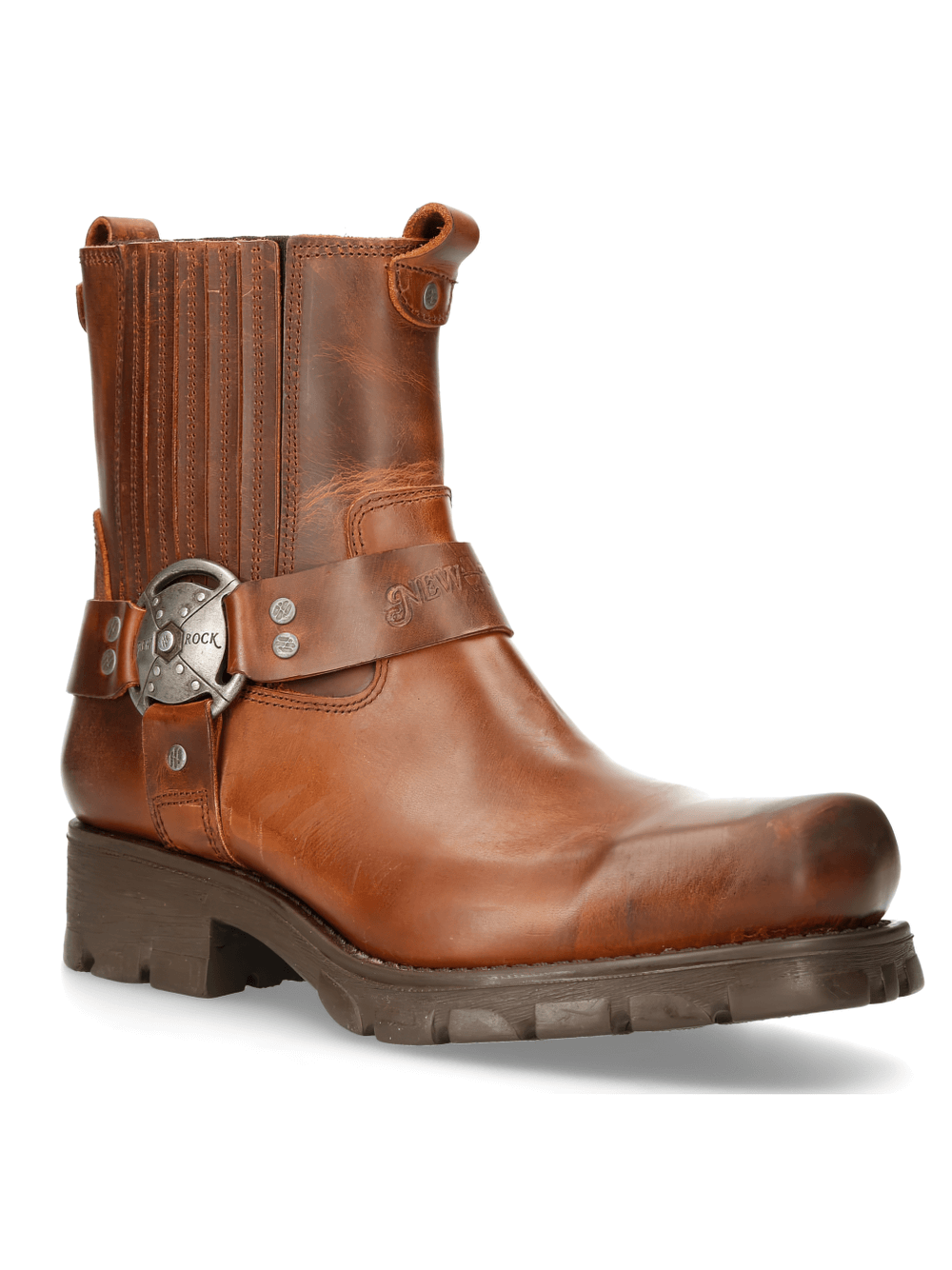 NEW ROCK rugged brown leather ankle boots with elastic side panels and buckles for a stylish biker look.