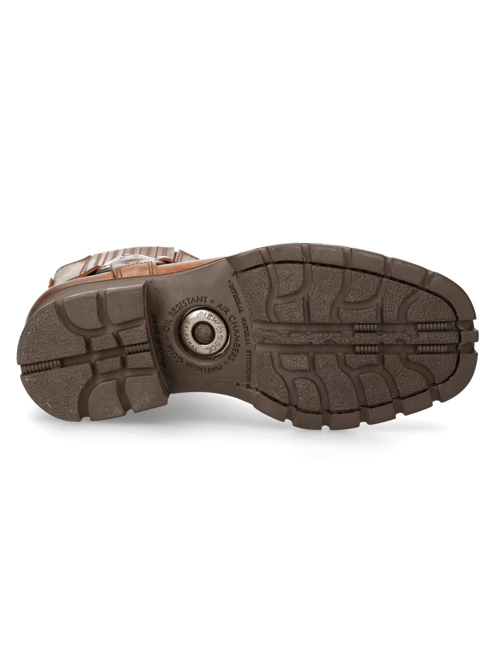 Sole of NEW ROCK rugged brown leather ankle boots showcasing durable rubber traction design.