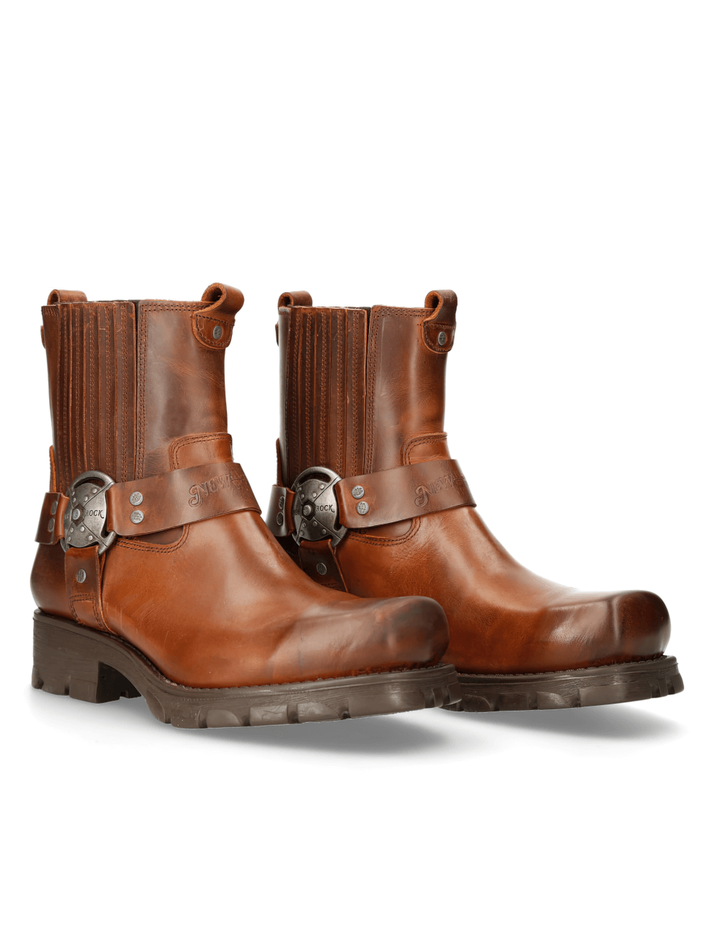 Rugged brown leather ankle boots with buckles from the NeoBiker Collection, perfect for urban adventures.