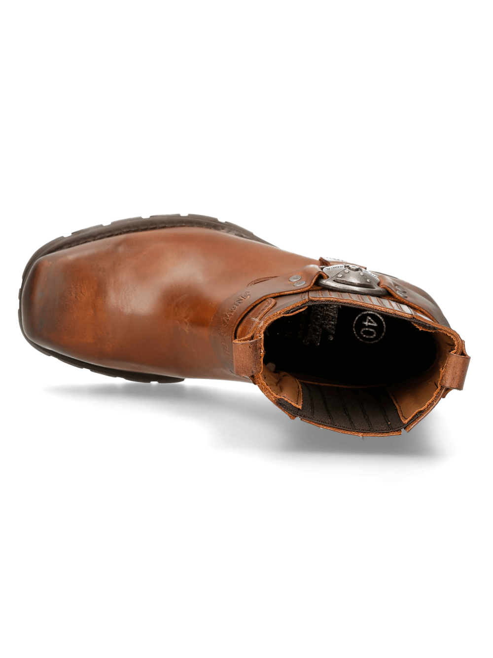 Top view of NEW ROCK brown leather ankle boot showcasing stylish buckles and elastic side panel.