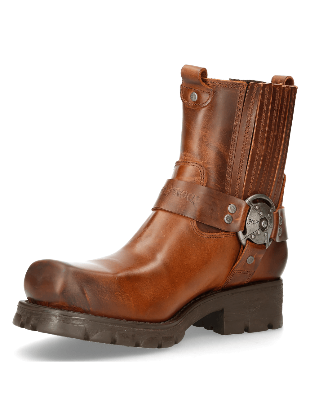 NEW ROCK rugged brown leather ankle boots with buckles, featuring elastic side panel for snug fit.