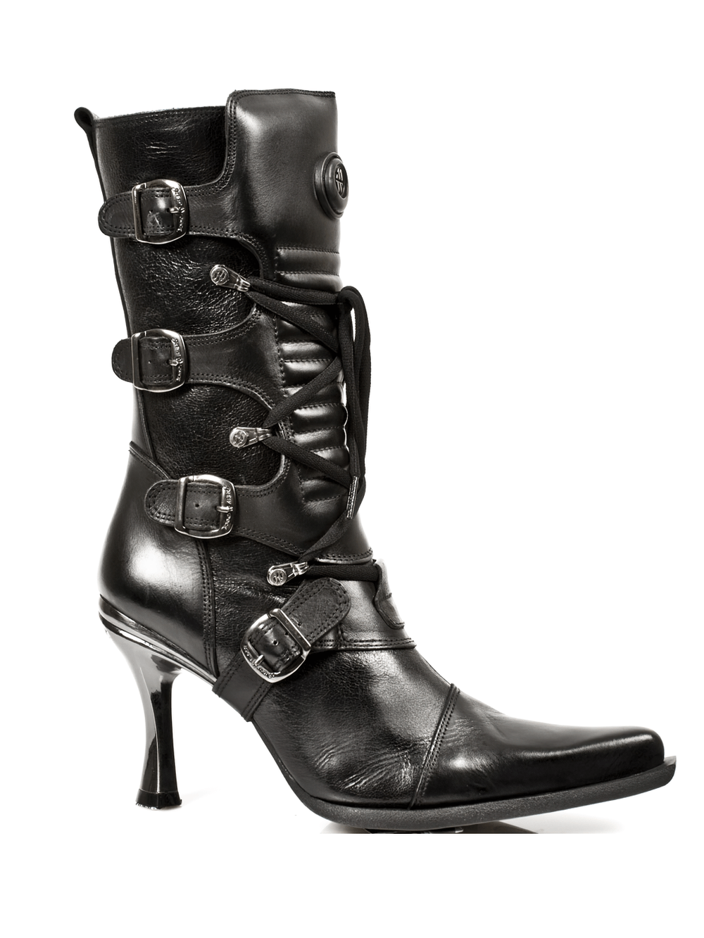 NEW ROCK Elegant Black Laced Heeled Boots with Buckles from the Malicia Collection, perfect for a bold fashion statement.