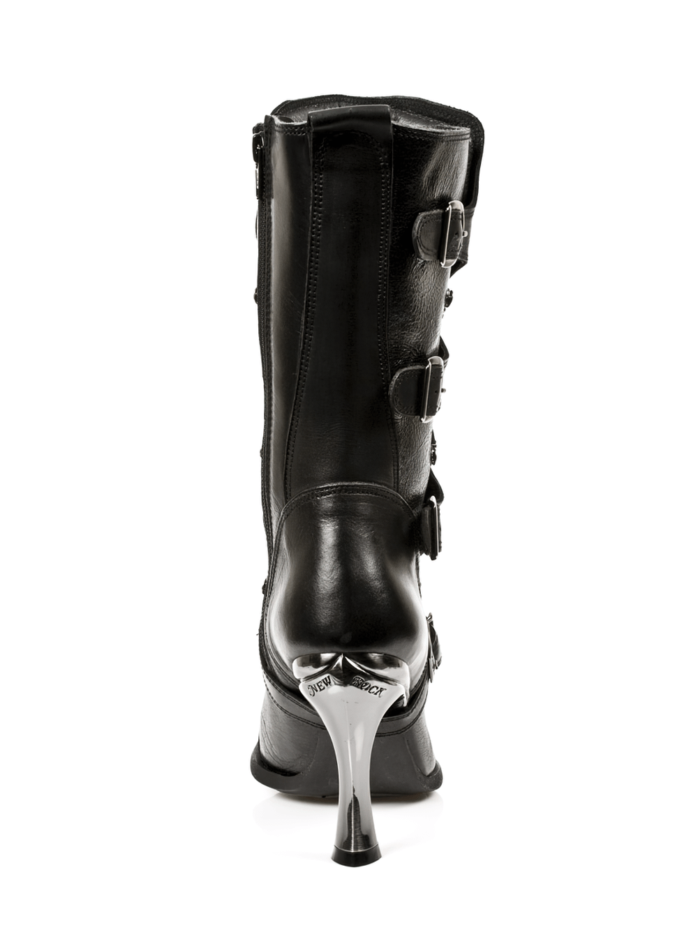 Elegant black high-heeled lace-up boots with buckles from the Malicia Collection, showcasing a sleek profile.