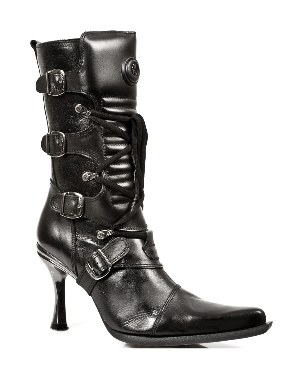 Elegant black heeled lace-up boot with buckles from the Malicia Collection, perfect for stylish, punk-inspired outfits.