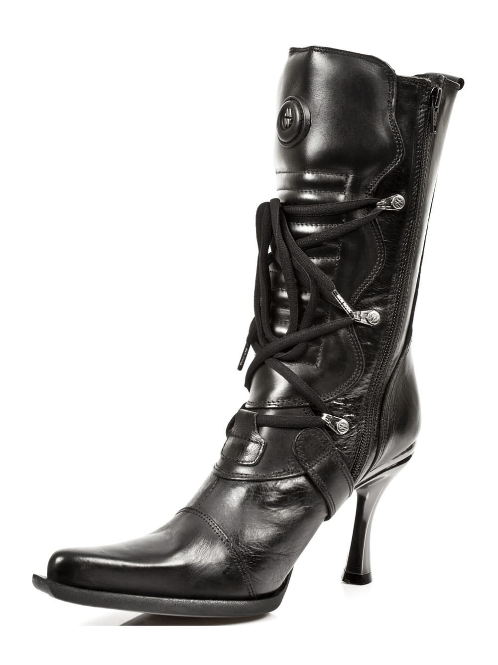 Elegant black laced heeled boot with buckles from the NEW ROCK Malicia collection, perfect for stylish punk rock vibes.