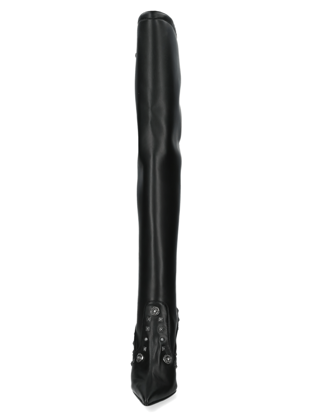 Elegant black thigh-high boots with studded details and sleek contours, perfect for a bold gothic look.