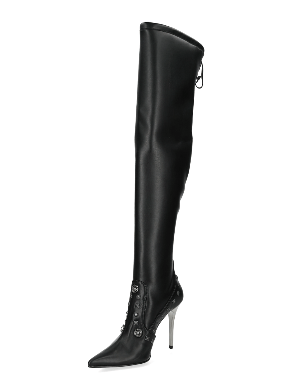 NEW ROCK Elegant Black Studded Thigh-High Boots with sleek design and edgy style, perfect for a gothic fashion statement.