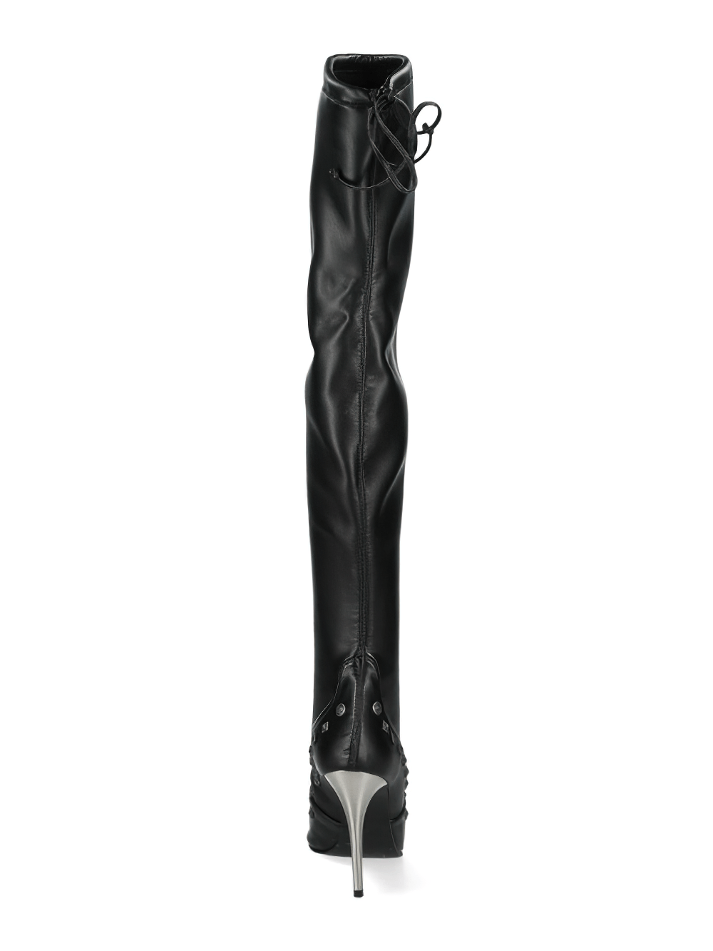 Elegant black thigh-high boots with studded details and sleek contours, perfect for a bold gothic fashion statement.