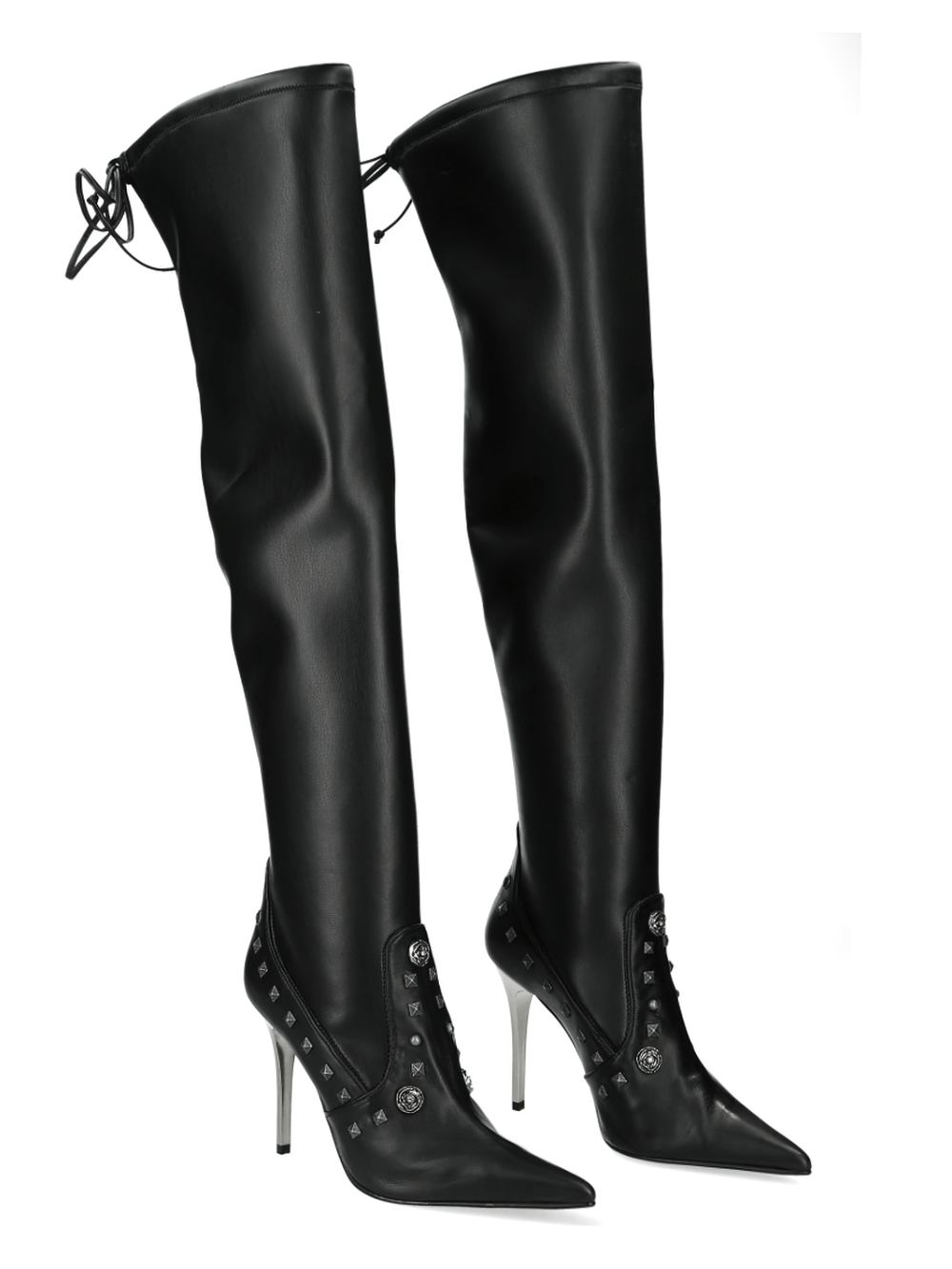 Elegant black thigh-high boots with studded details and sleek contours, perfect for a bold gothic fashion statement.