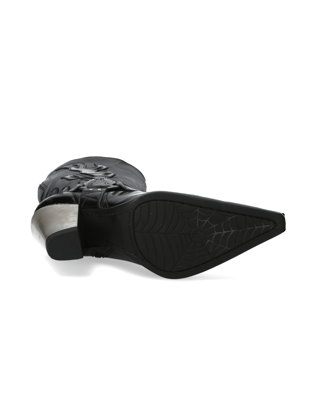 Elegant black western boots with metal accents, featuring a durable rubber sole and stylish design.