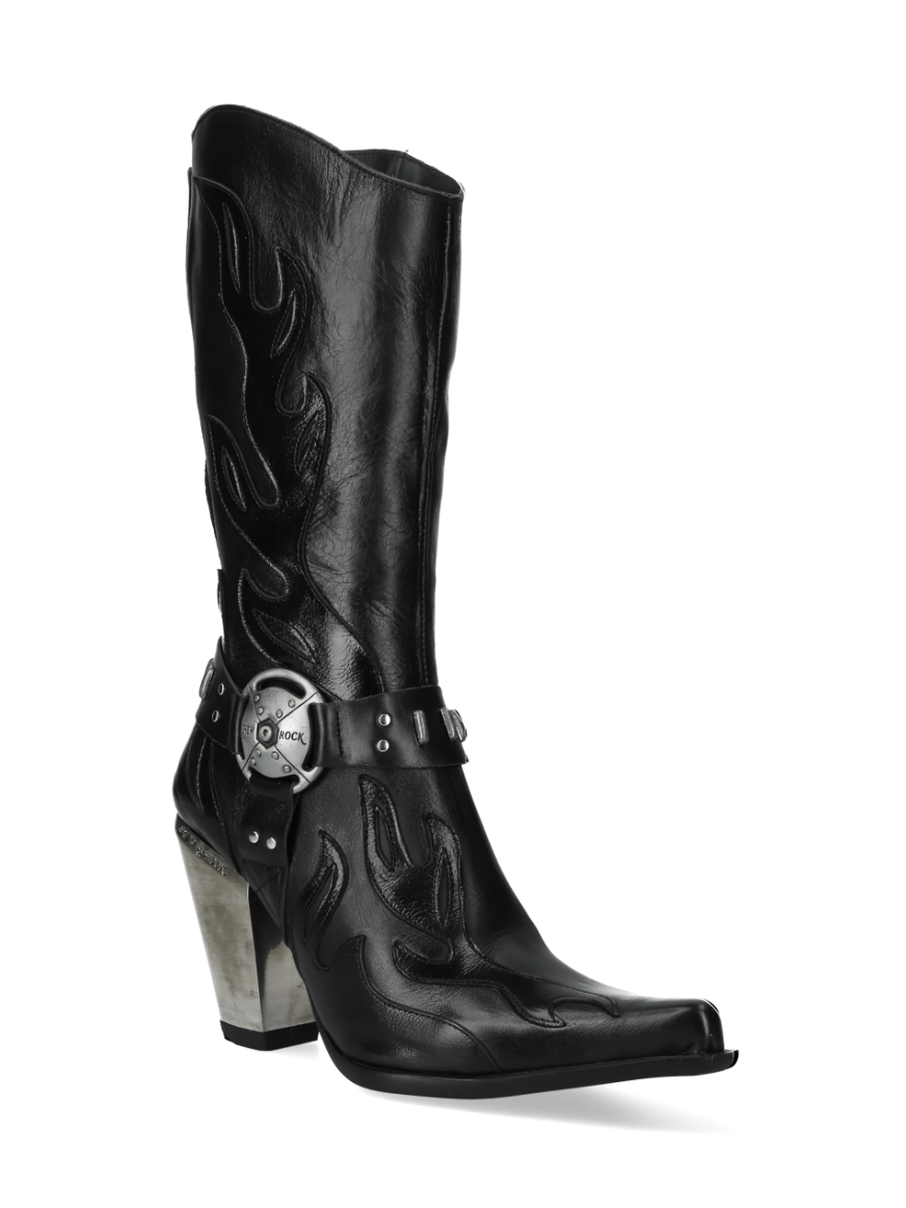 Stylish NEW ROCK black Western boots with metal accents and flame design, perfect for urban fashion and original cowboy charm.