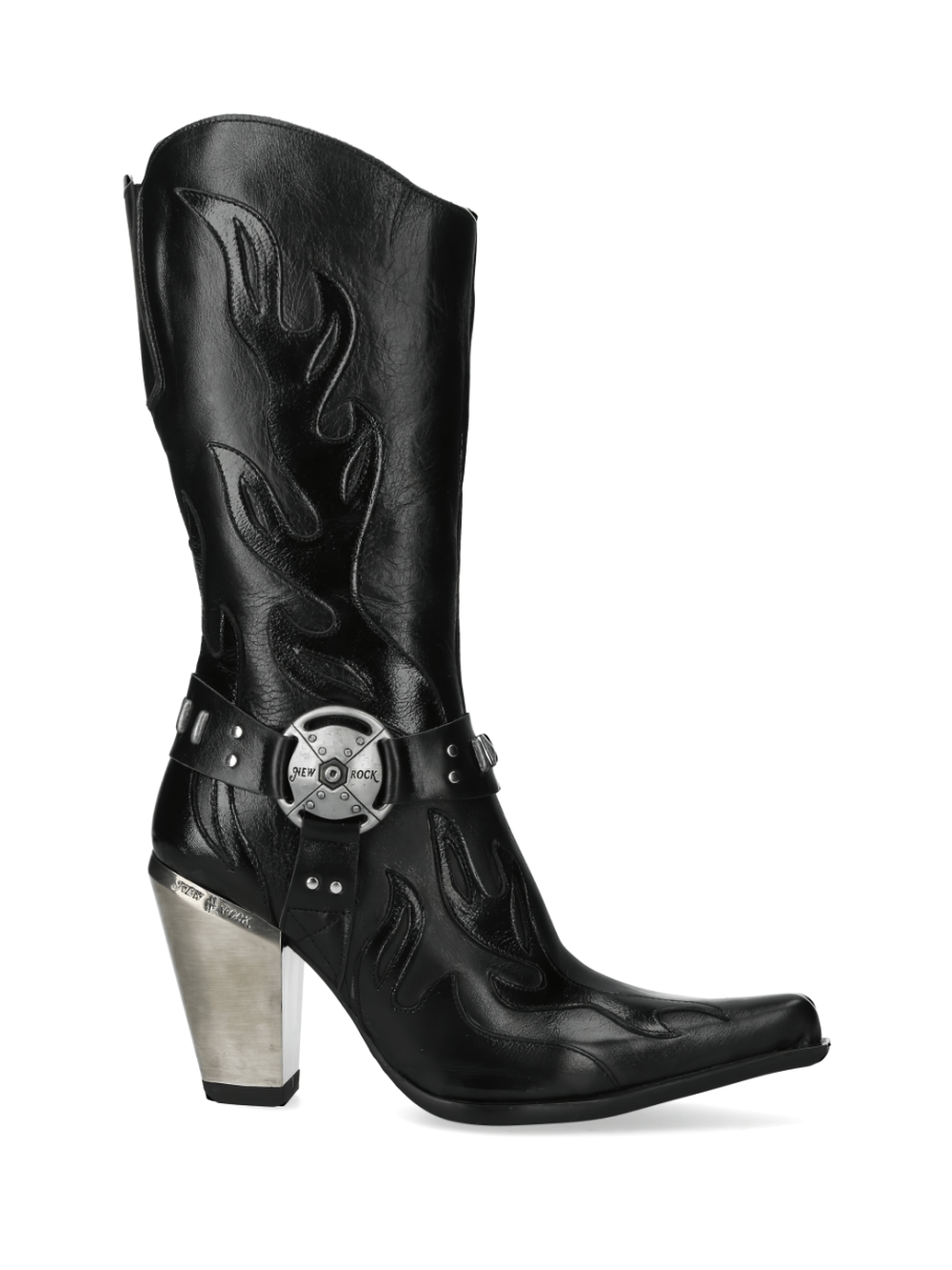 Elegant black Western boots with metal accents, featuring flame designs and a stylish 10 cm heel.