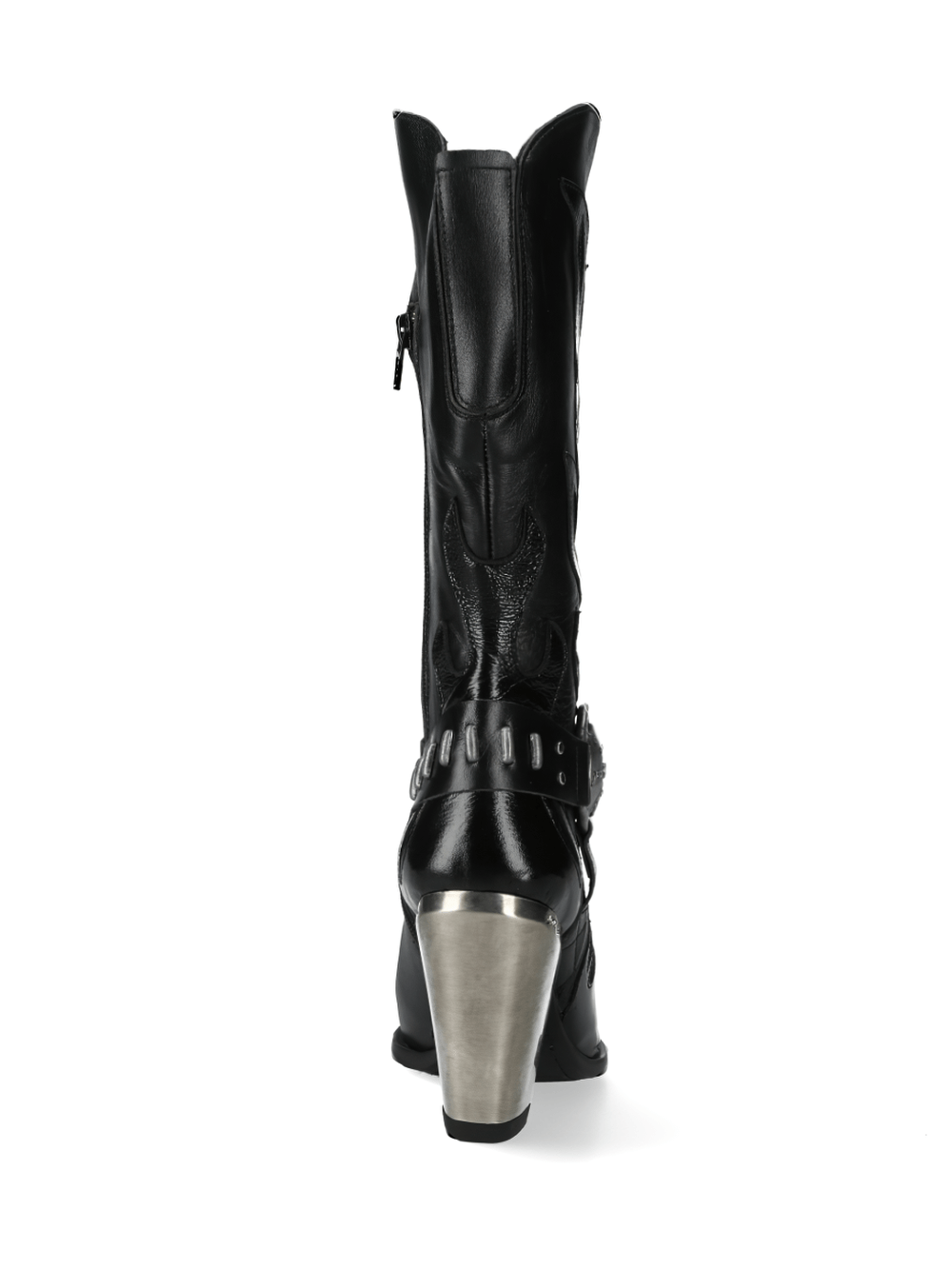 Back view of NEW ROCK Elegant Black Western Boots with metallic accents, showcasing stylish design and modern flair.