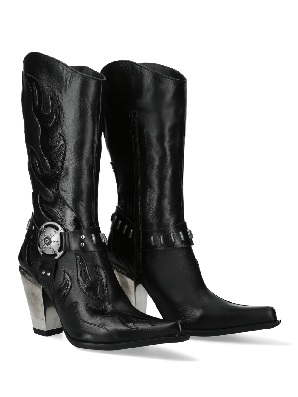 NEW ROCK black western boots with metallic accents, stylish cowboy design for urban appeal, featuring a sharp heel.