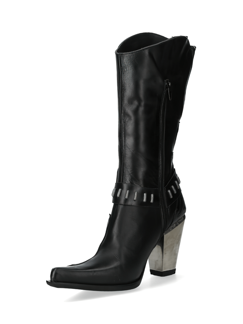 Elegant black Western boots with metal accents and stylish zipper for urban chic appeal.