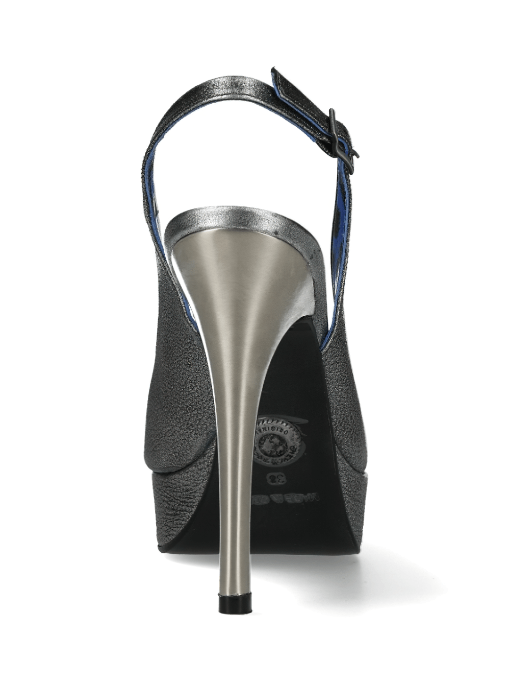 Elegant gray leather stiletto shoe with a sleek design and high heel, perfect for a gothic fashion statement.