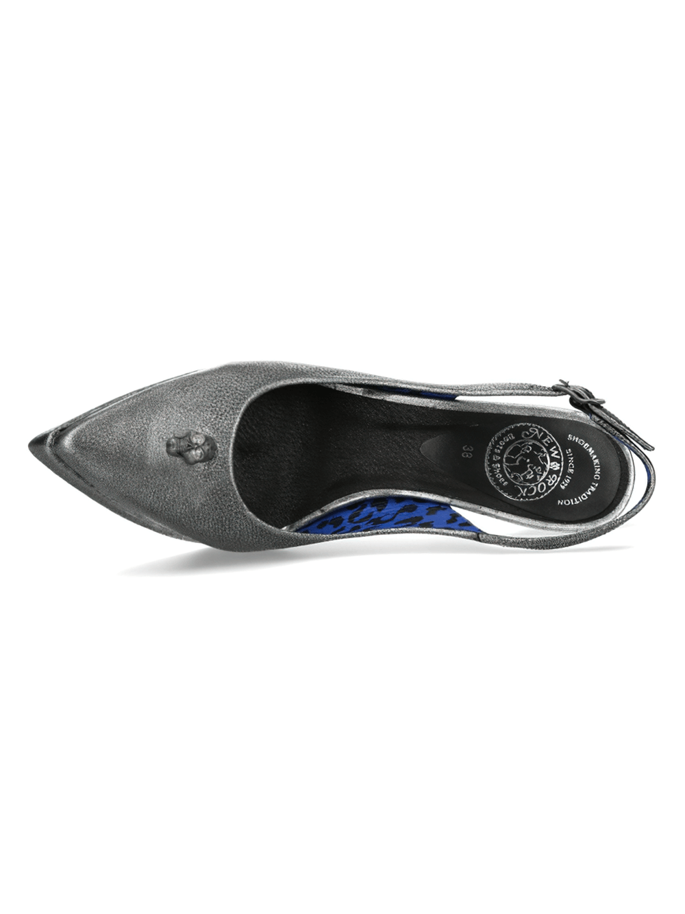 Elegant gray leather stiletto shoe with pointed toe and decorative detail, showcasing sophistication and gothic style.