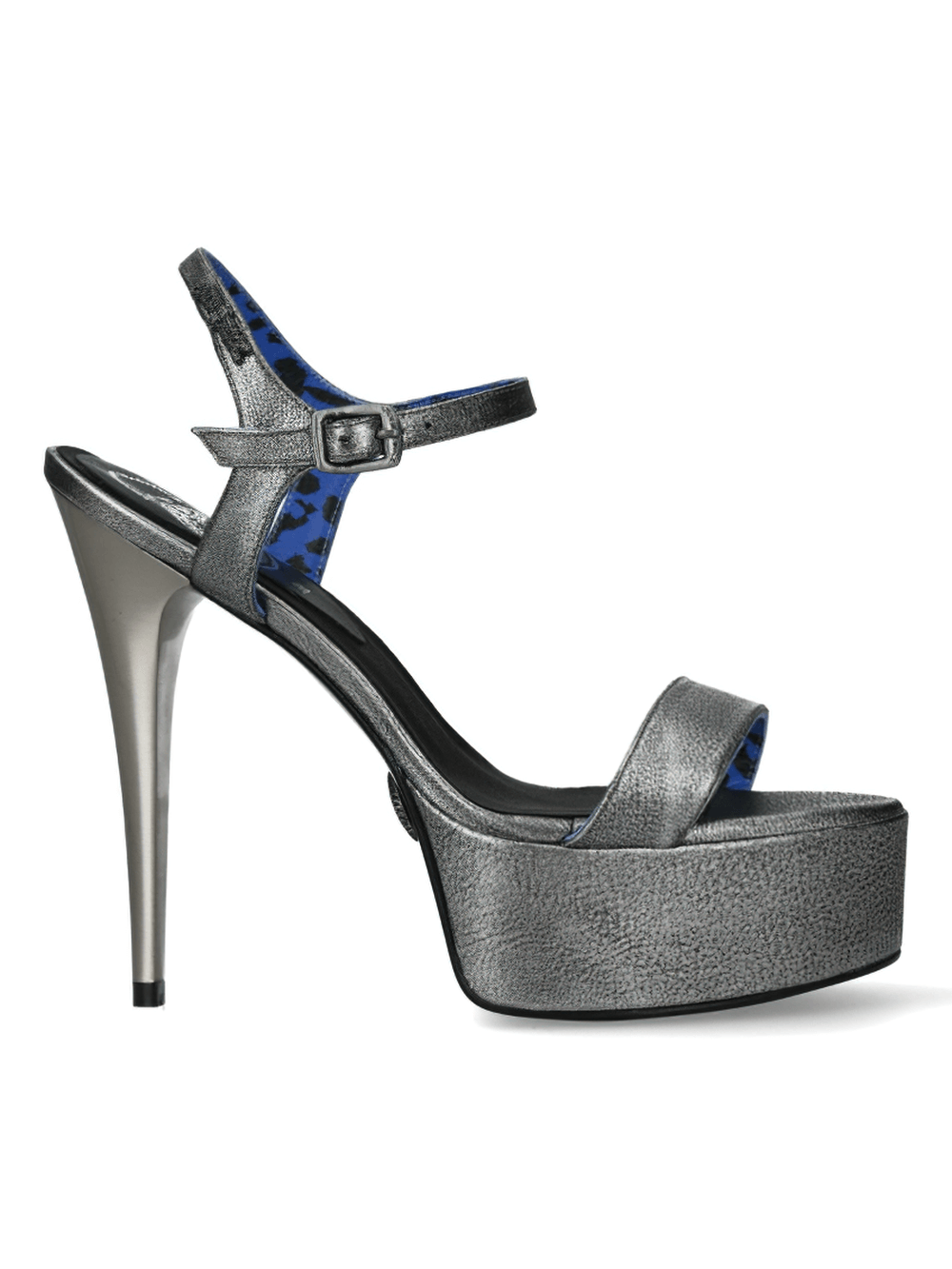 Elegant gray leather high-heeled sandals with a platform and buckle strap, featuring a stylish blue inner lining.