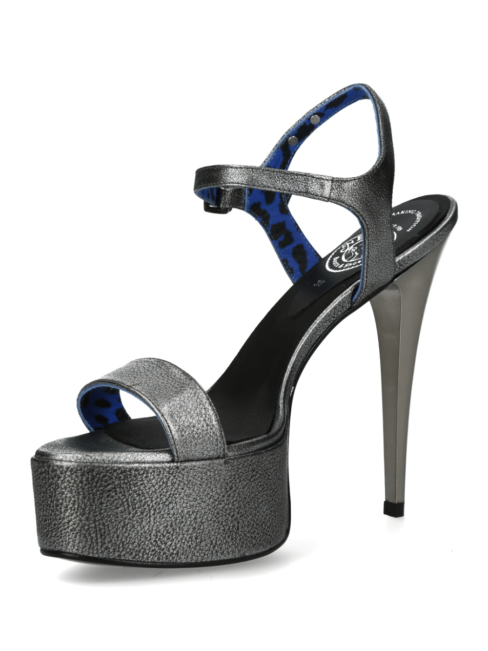 Stylish gray platform sandals with stiletto heels and blue leopard lining, perfect for elevating any outfit.