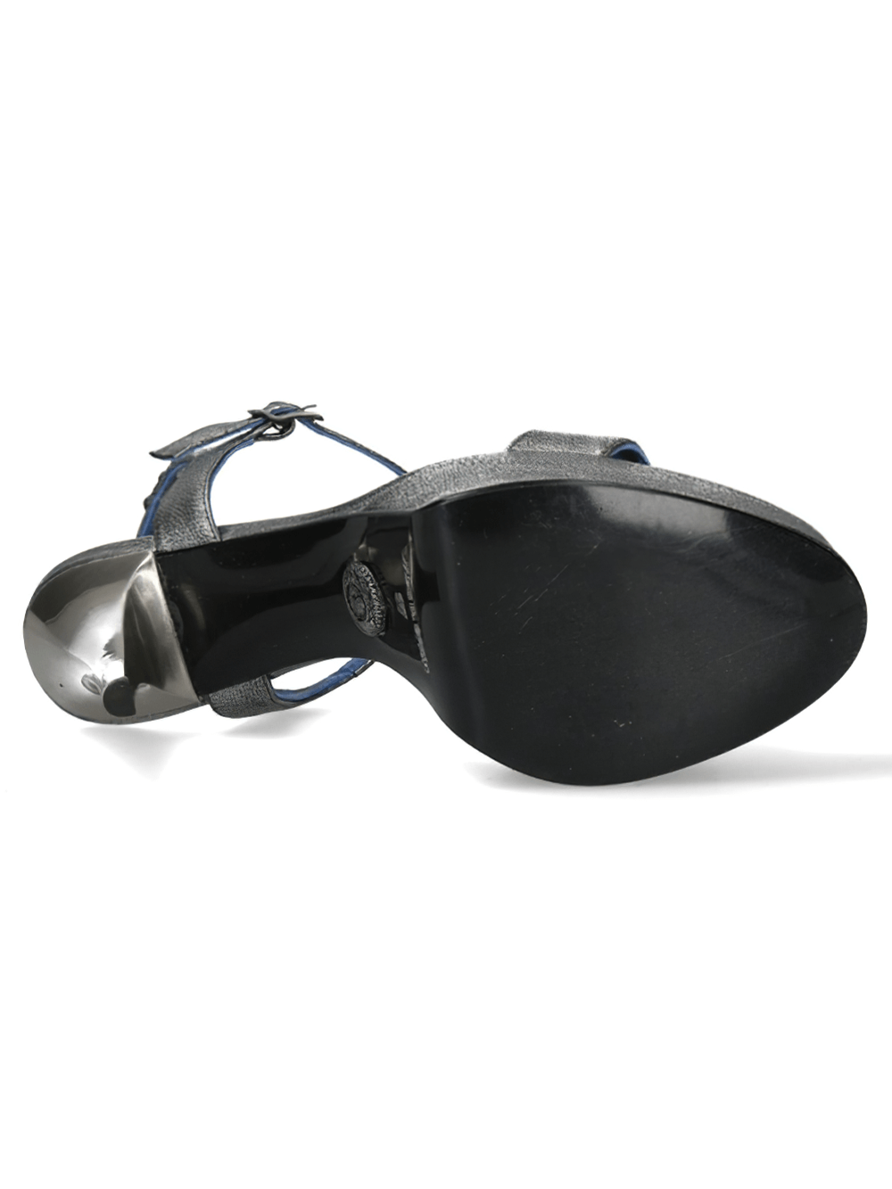 Elegant gray leather heels sandals for women, showcasing the stylish sole and buckle detail from the bottom view.