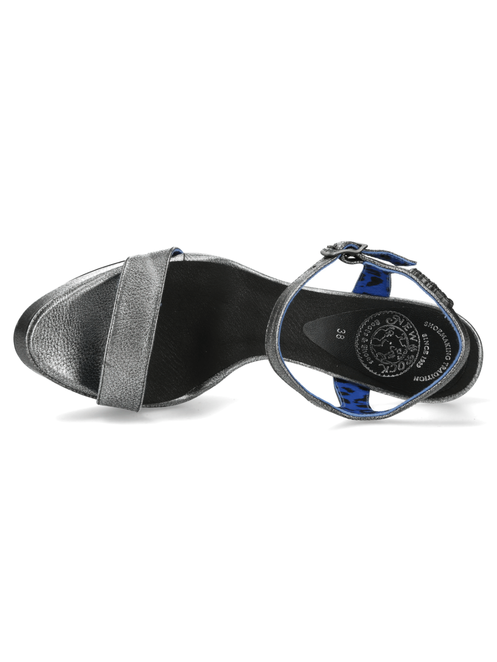 Elegant gray leather heel sandals from above, showcasing stylish design and adjustable ankle strap. Perfect for any occasion.