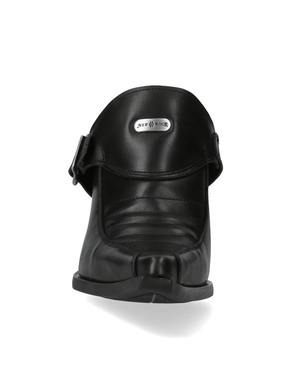 Front view of NEW ROCK black leather pointed heel shoes with buckle, showcasing elegant design and durable craftsmanship.