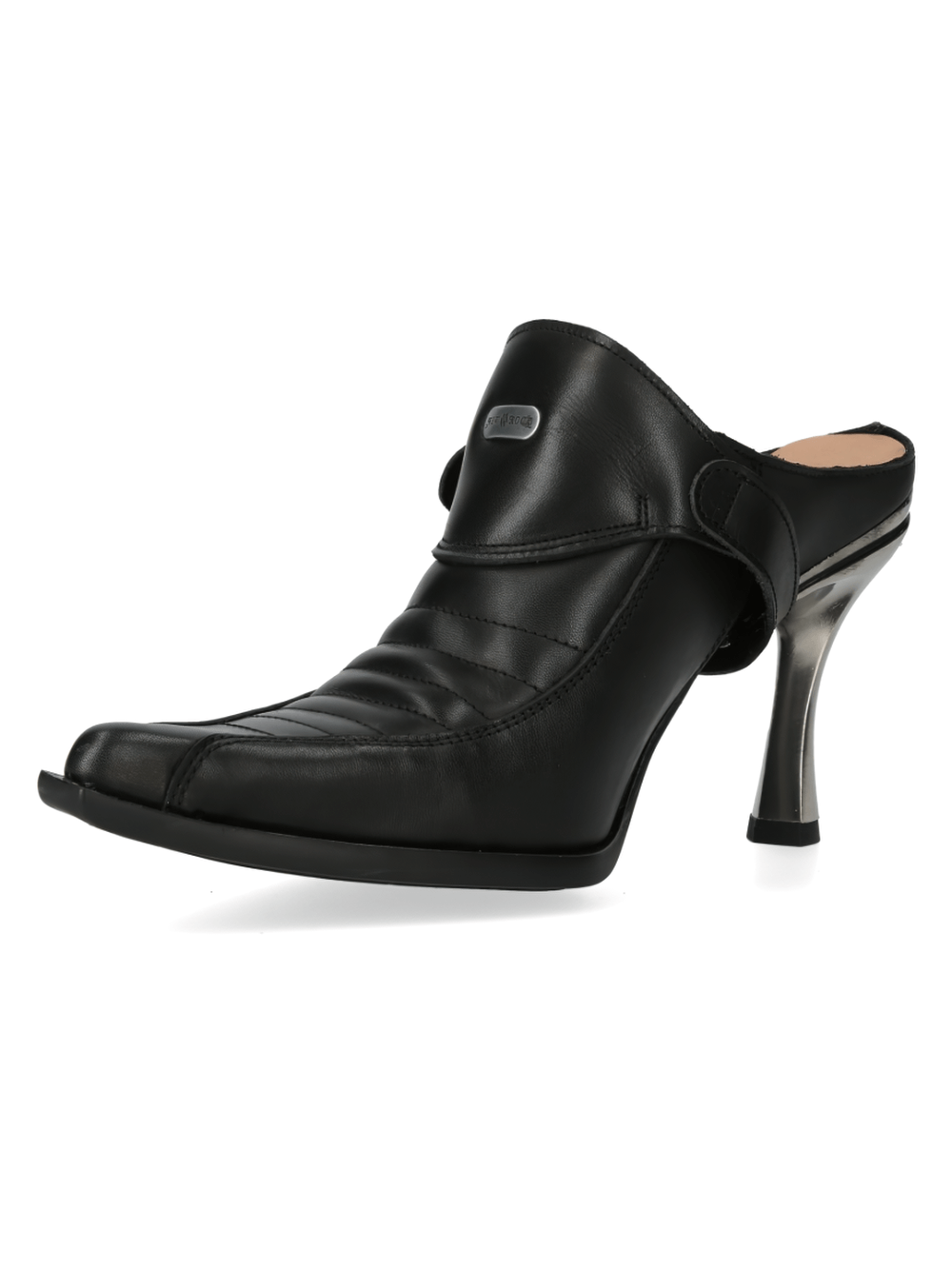 Stylish black leather heeled mules with sleek design and high heel, perfect for chic occasions.