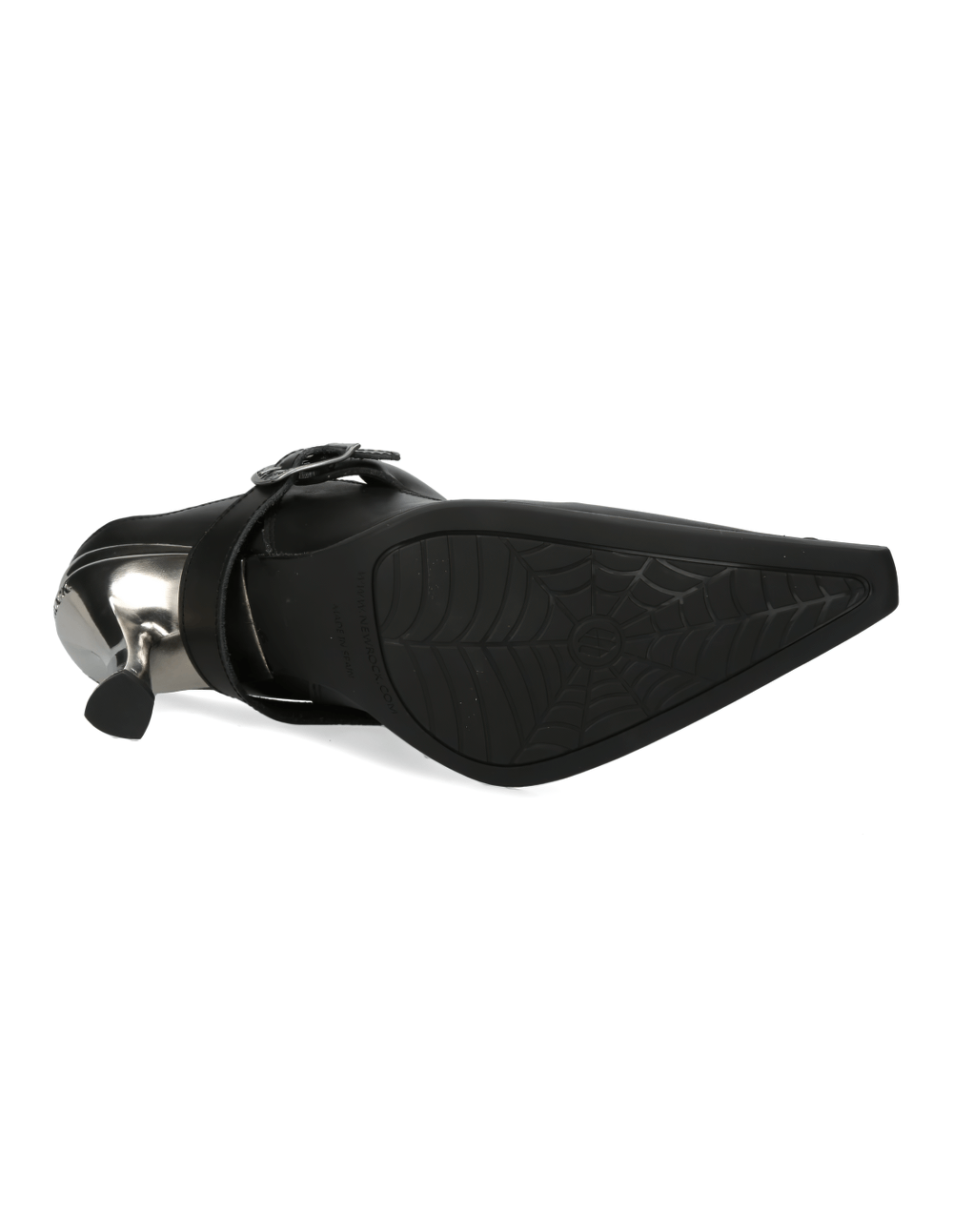 Bottom view of the elegant black leather pointed heel buckle shoe, showcasing the sleek design and rubber sole.