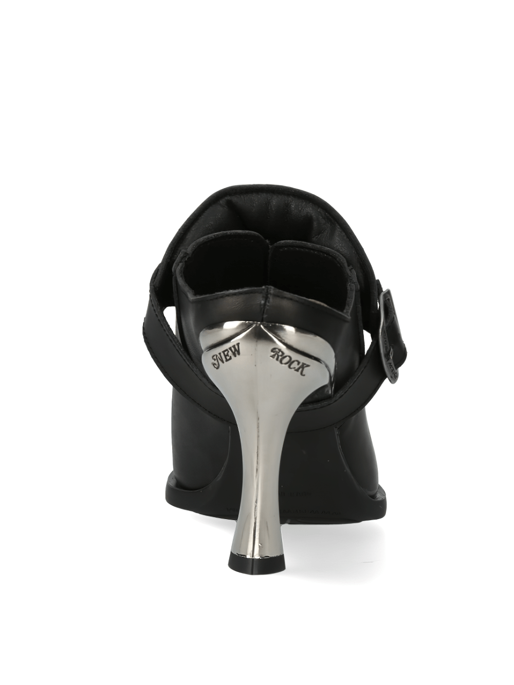 Back view of NEW ROCK elegant black leather pointed heel shoes showcasing the stylish buckle and shine of the heel.