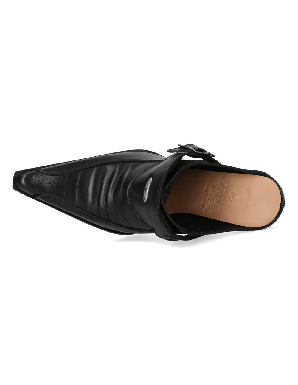 Top view of elegant black leather pointed heels with buckle, highlighting stylish design from the Malicia Collection.