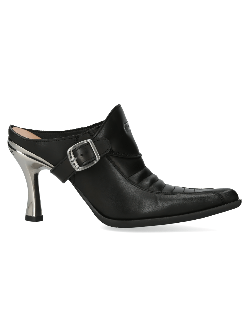 NEW ROCK Elegant Pointed Heel Buckle Shoes in Black Leather