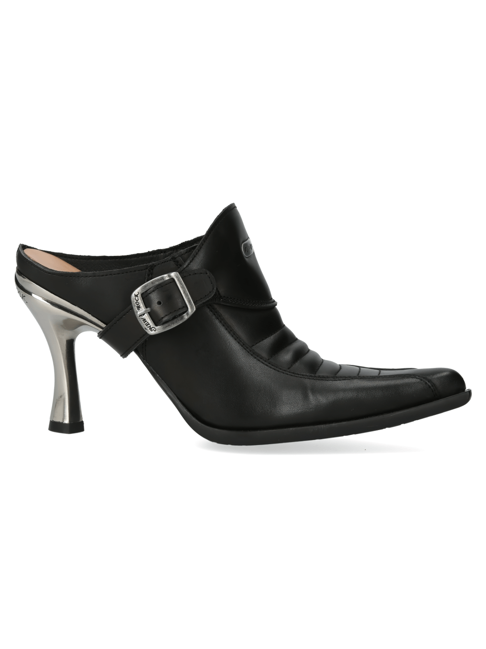 Elegant black leather pointed heel shoes with buckle, stylish addition to any wardrobe.