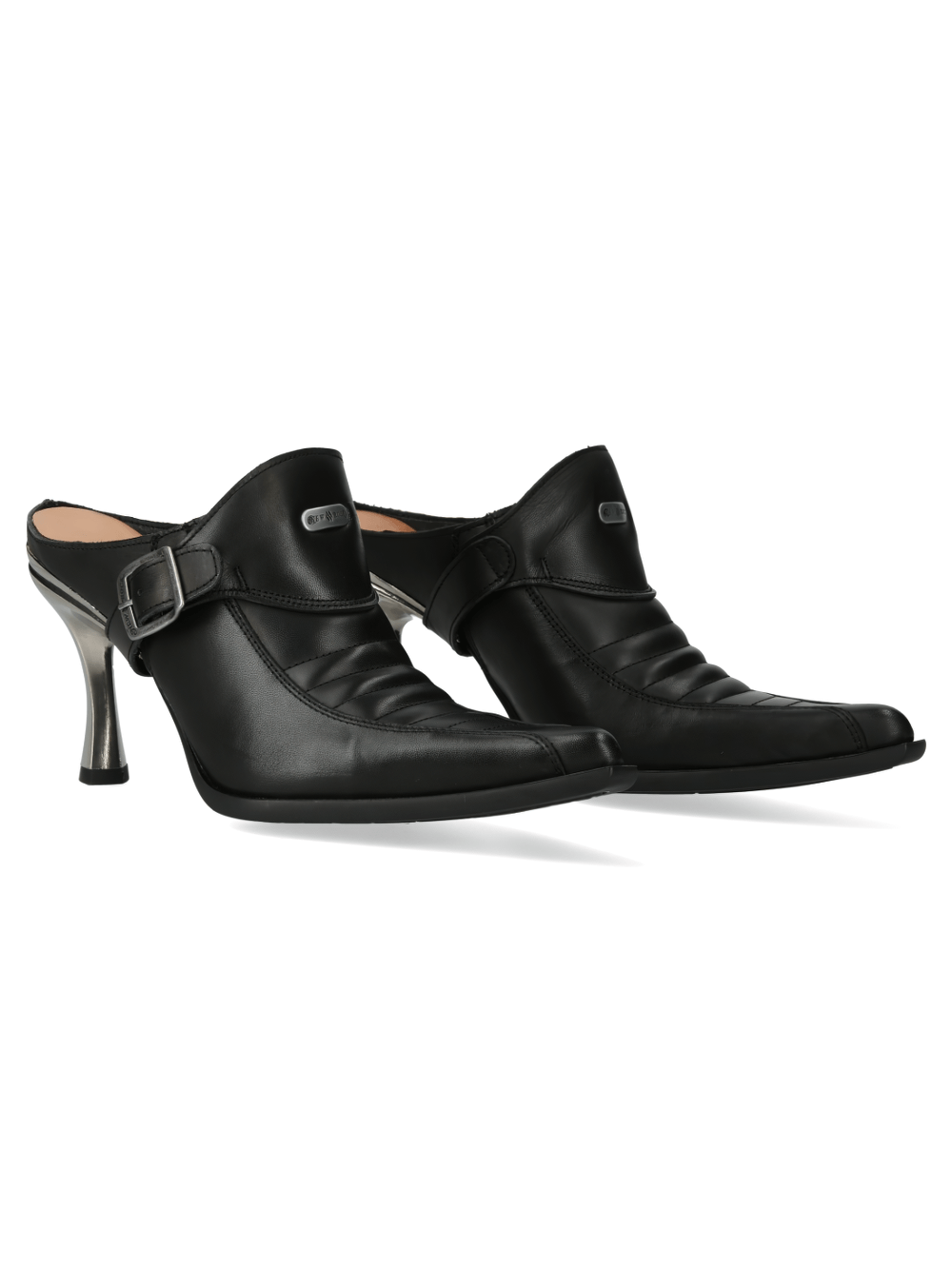 NEW ROCK Elegant Pointed Heel Buckle Shoes in Black Leather