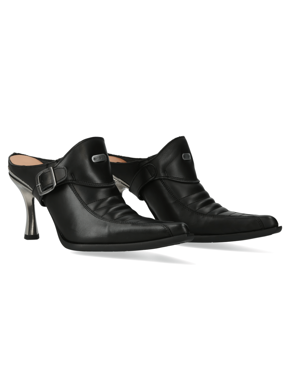 Stylish black leather heeled mules with buckle, sleek pointed design for chic sophistication.