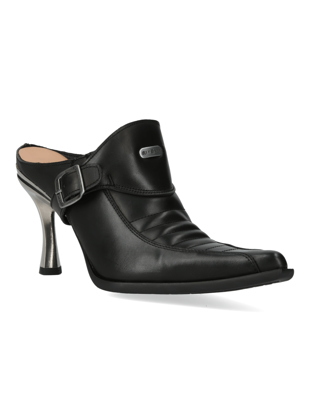 Elegant black leather pointed heeled shoes with buckle, featuring a stylish silver heel.