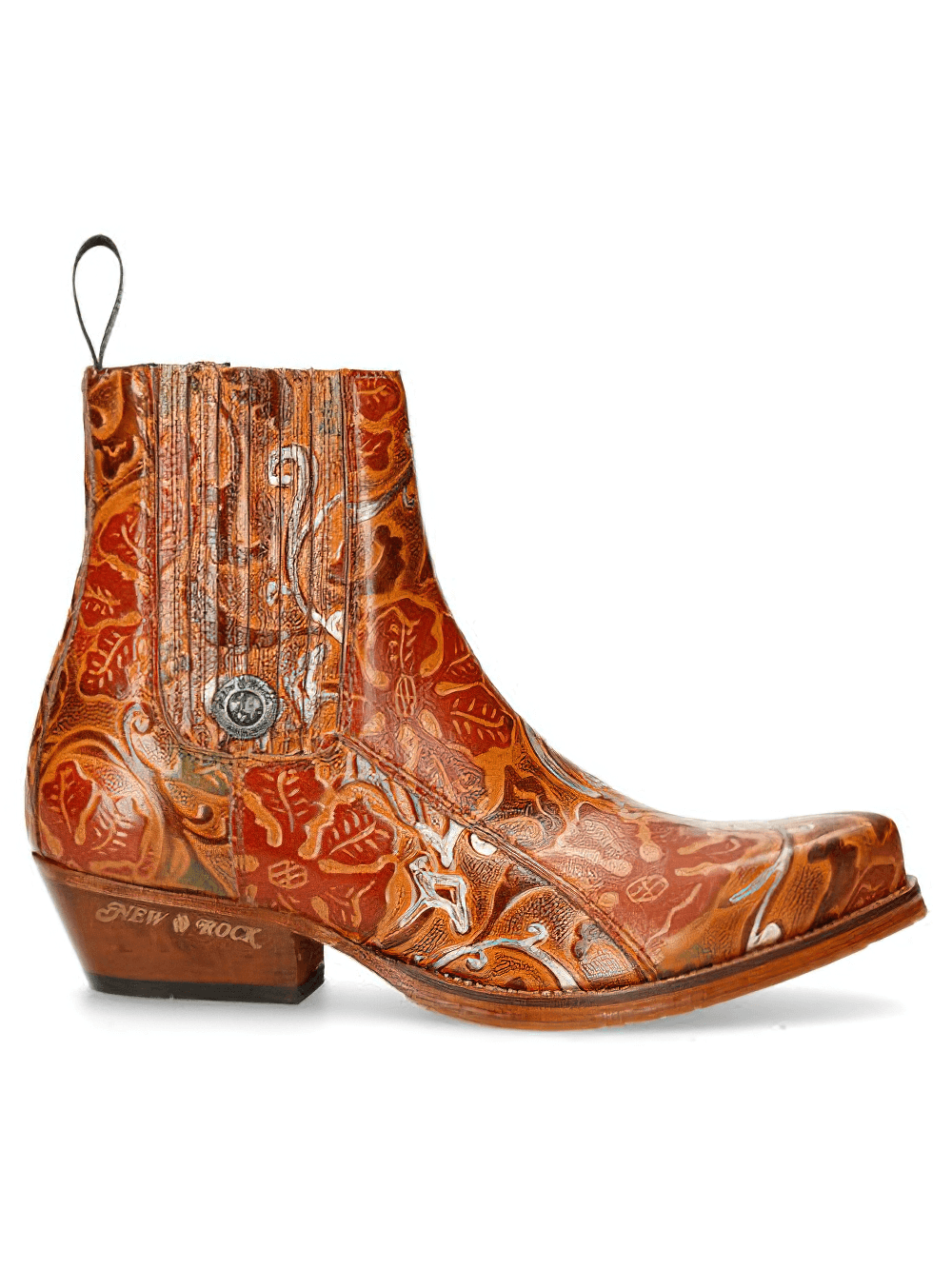 NEW ROCK women's embossed leather ankle boots with cowboy flair and biker style.