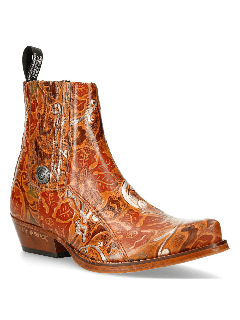 NEW ROCK Women's Embossed Biker Ankle Boots in orange leather with intricate designs and classic cowboy flair.