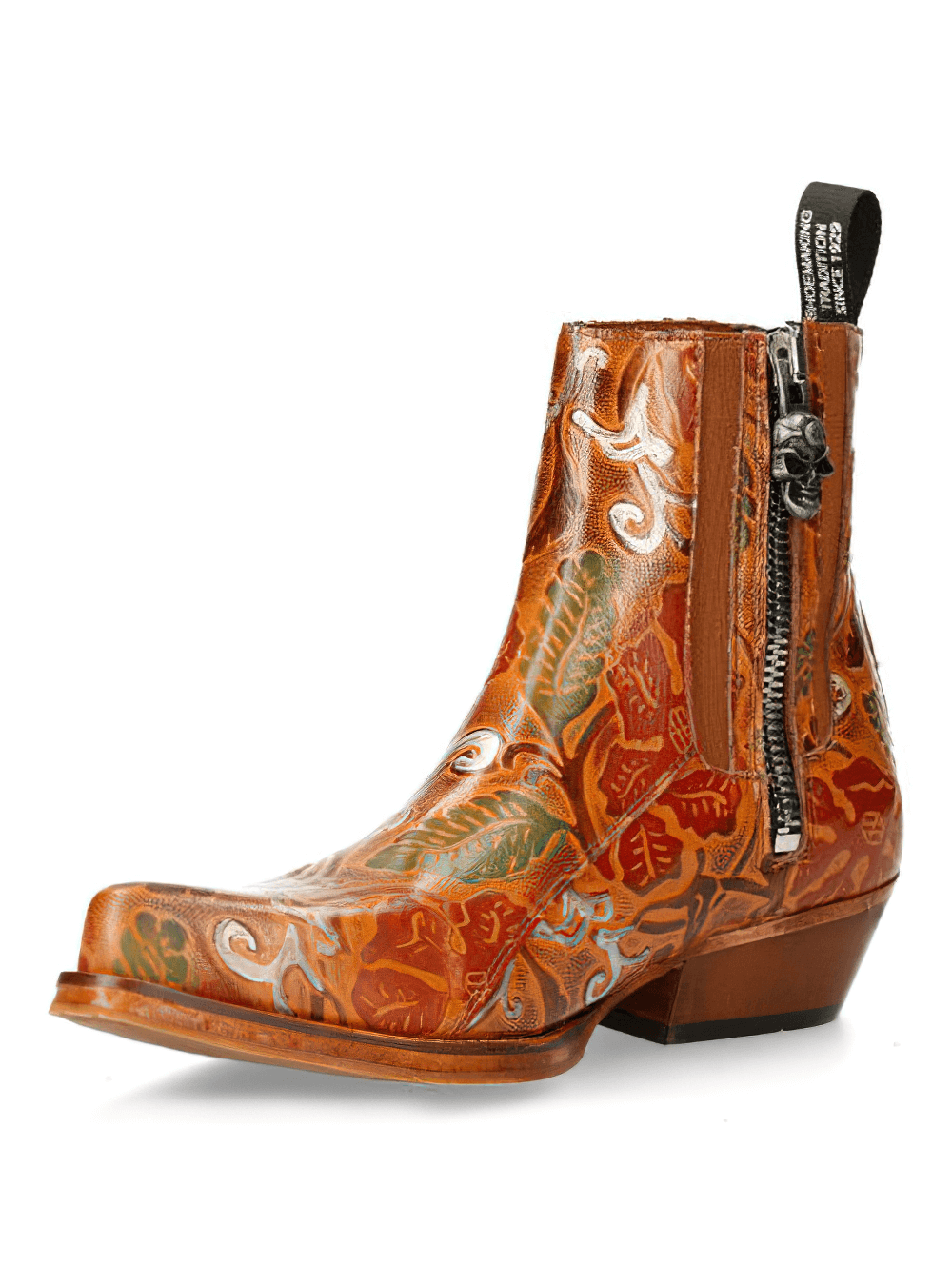 NEW ROCK women's ankle boots in embossed leather showcasing intricate designs, perfect for a stylish biker look.